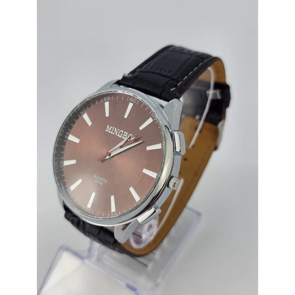Men's Analog Watch‎ 45MM Brown Dial Dark Brown Faux Leather Bands New Battery